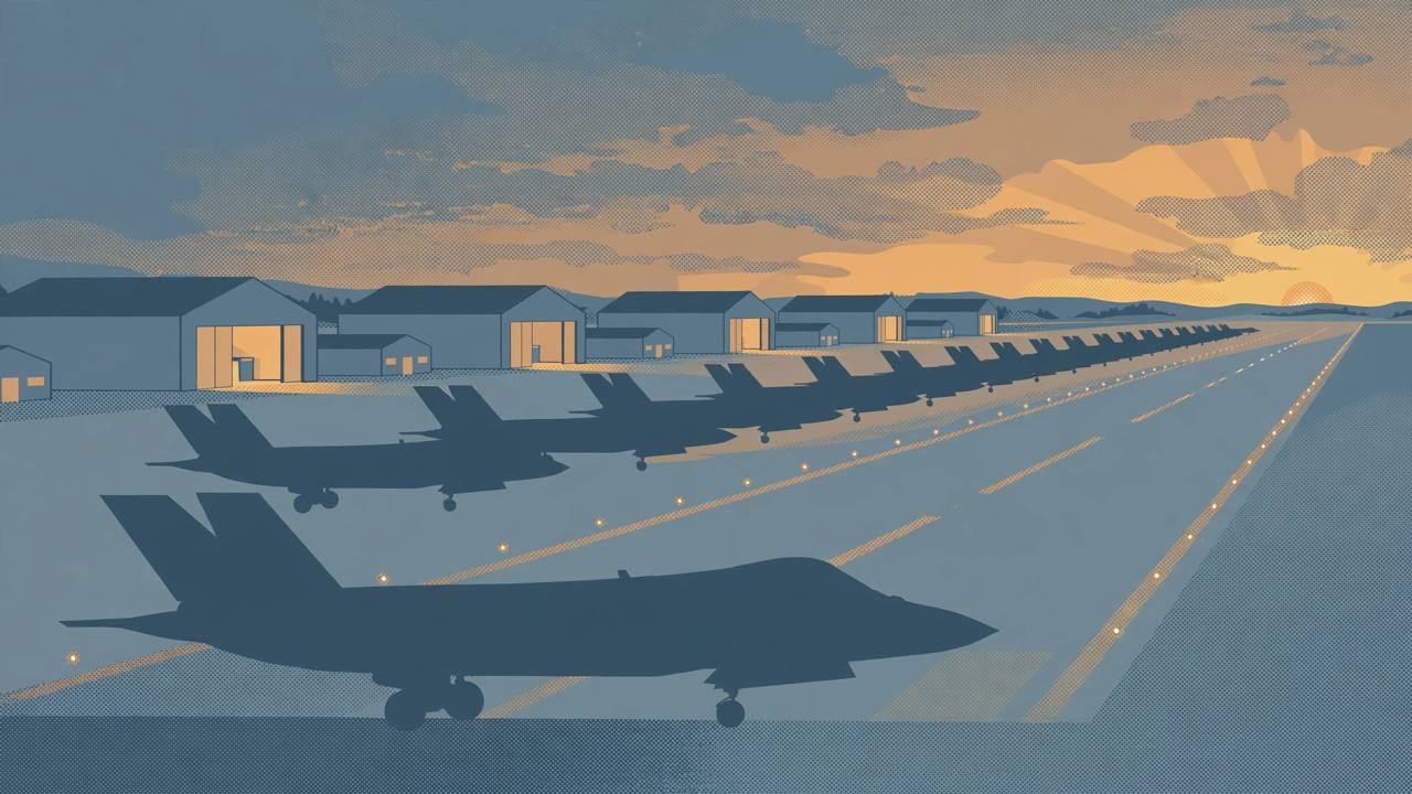 Editorial illustration of a generic stealth fighter jet on a runway with a long row of jet silhouettes receding into the distance — no real aircraft markings or person depicted