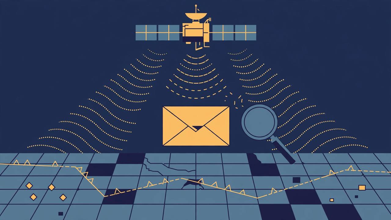 Flat editorial illustration of a communications satellite beaming signals toward a stylised frontline map, with one beam blocked by a closed official envelope and a turned-away magnifying glass