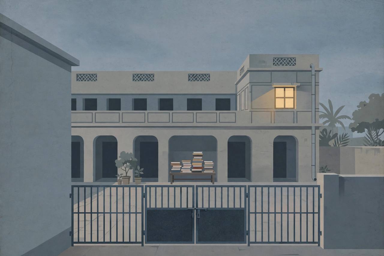 Editorial illustration of a quiet, empty school building at dusk behind closed gates, with books stacked on a bench in an empty courtyard and one lit window — no people and no incident depicted