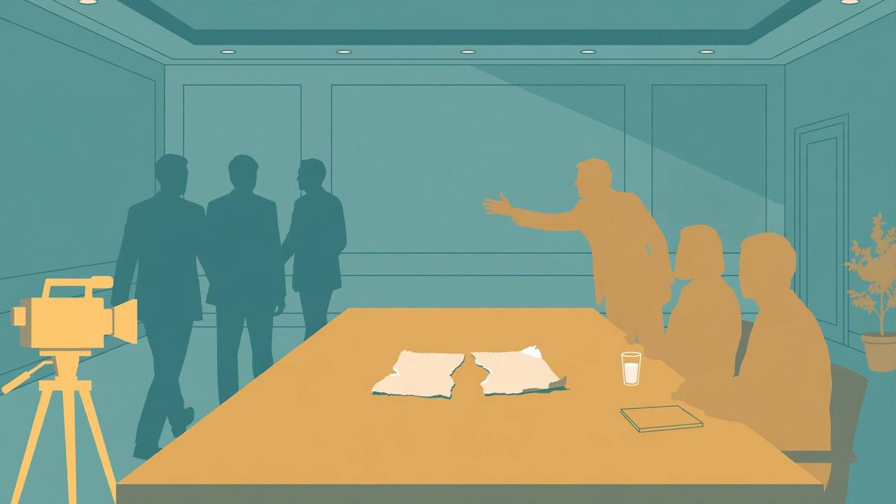 Editorial illustration of diplomats at a negotiation table with a torn unsigned interim agreement, one side turning away and the other urging them back