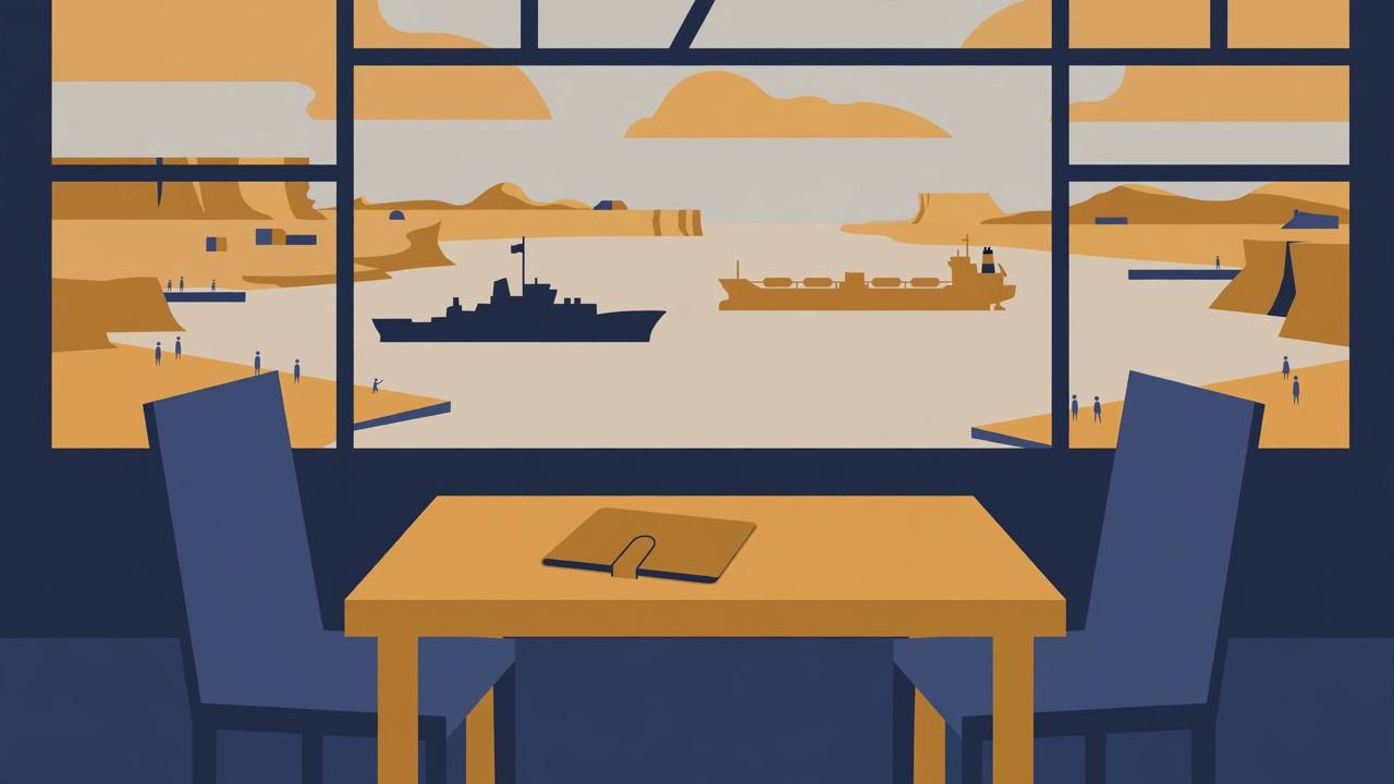 Editorial illustration of an empty negotiation table facing a strait with a tanker and a warship