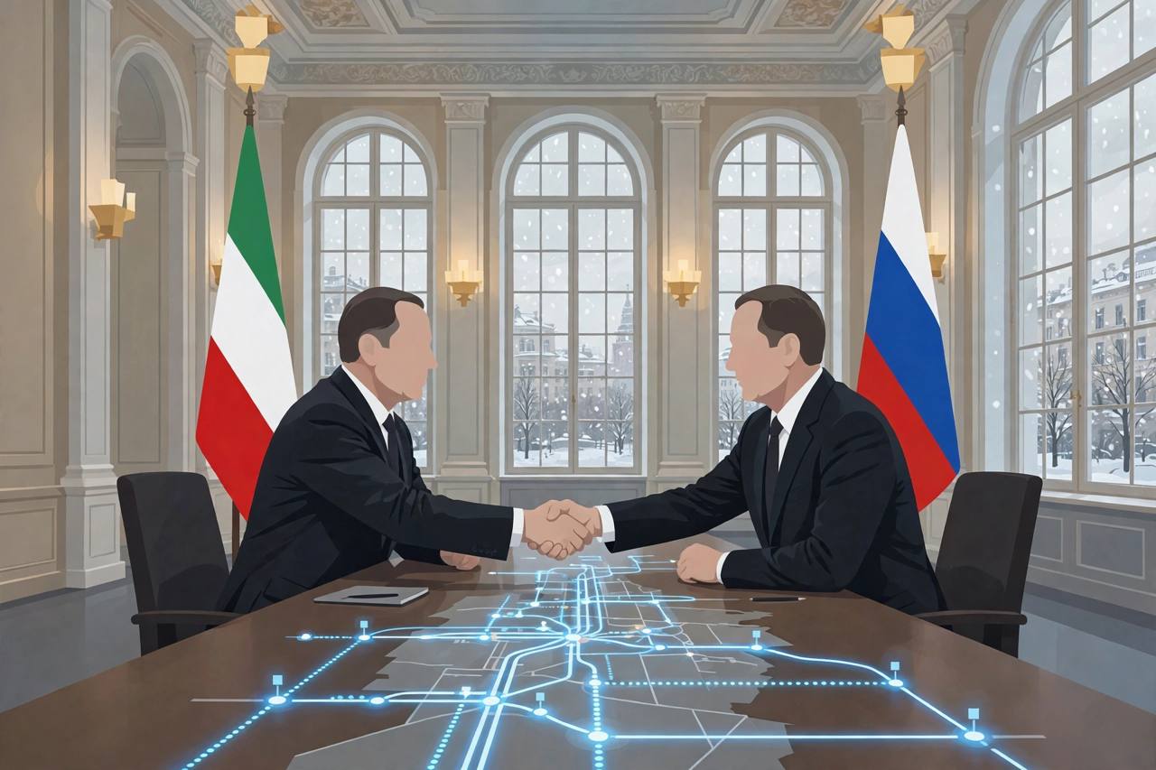 Editorial illustration of two generic statesmen shaking hands across a conference table in a Moscow meeting hall, generic Iranian and Russian flags behind them and a gas pipeline map on the table