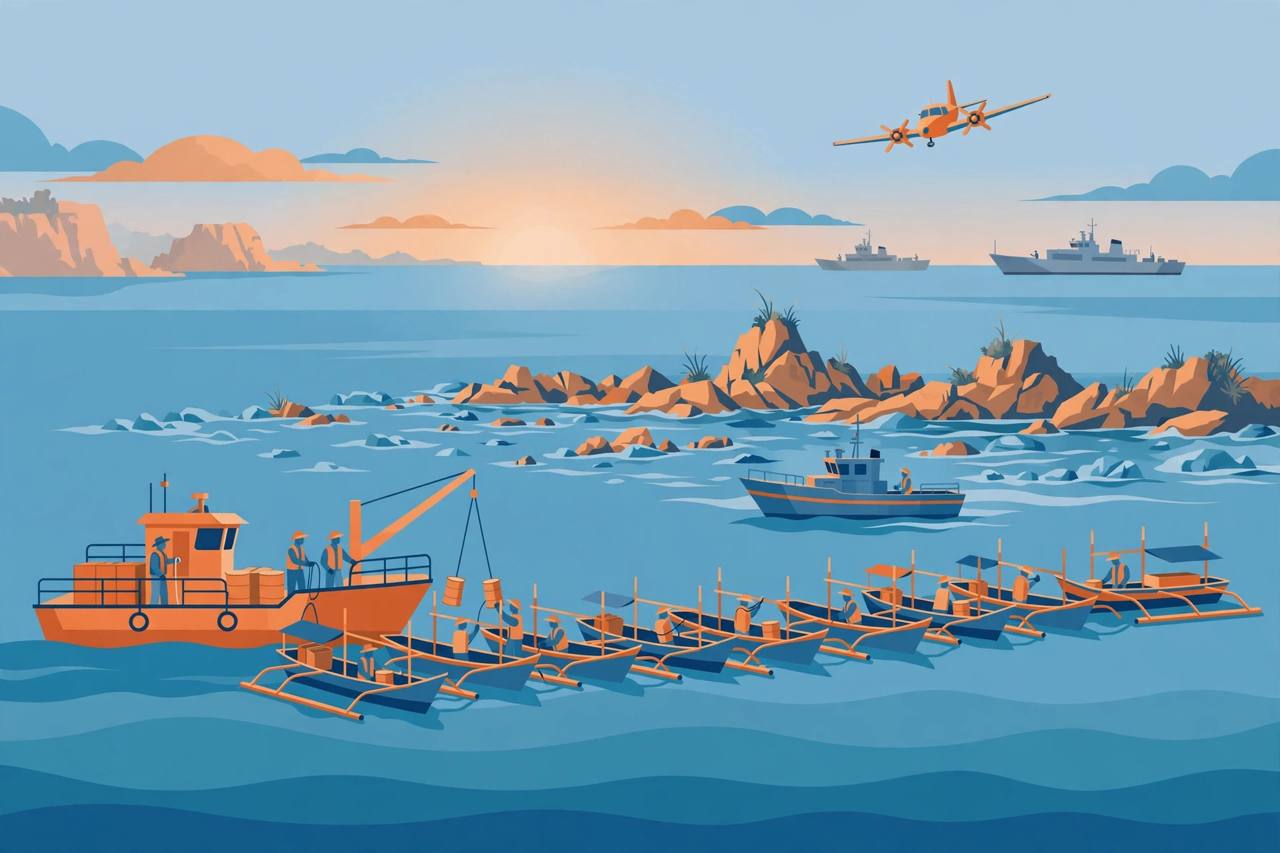 Editorial illustration of a fisheries support vessel giving fuel to small Filipino fishing boats at a rocky shoal, with a coast guard ship nearby and larger grey ships in the distance