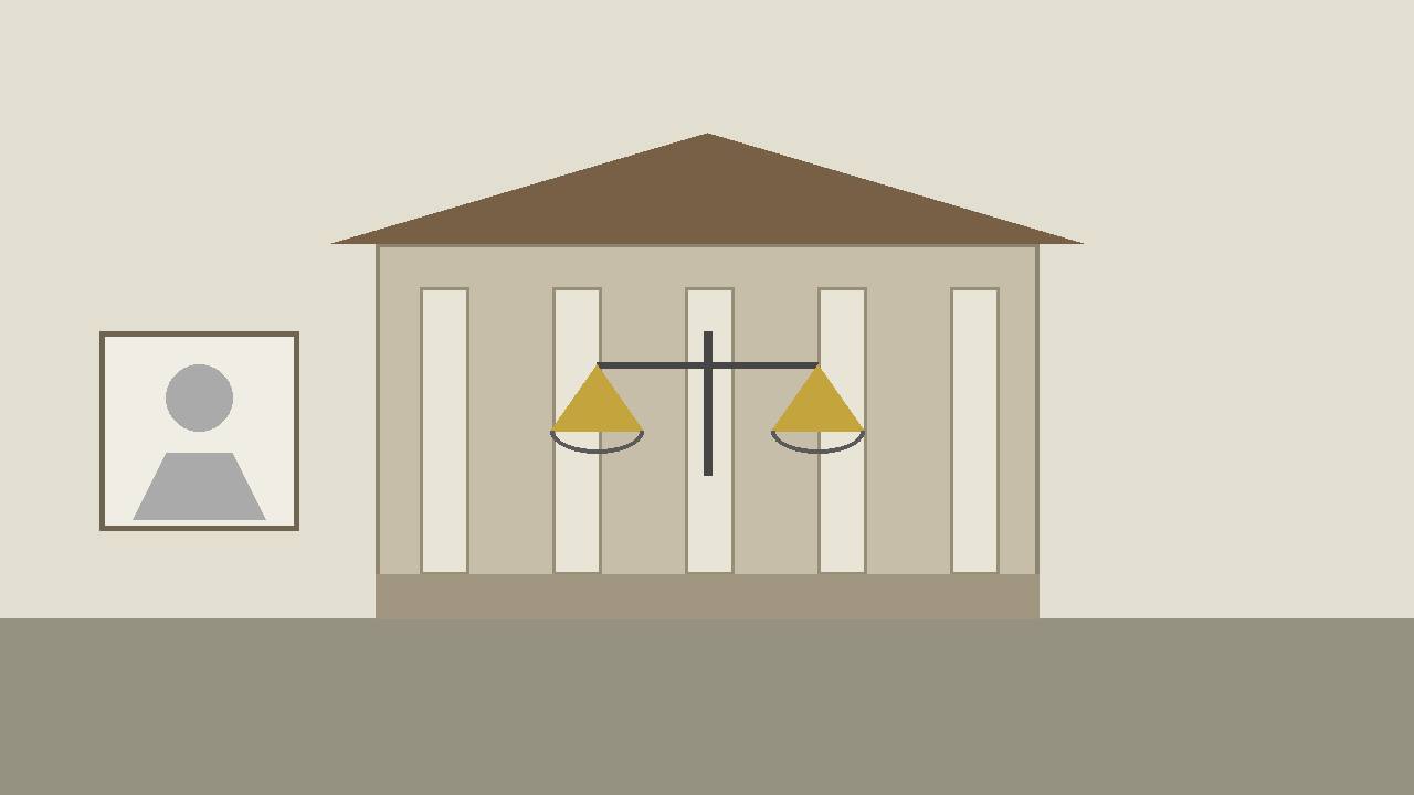 Editorial illustration of a generic courthouse, scales of justice and a blank notice board with a generic silhouette — flat style, no real person depicted
