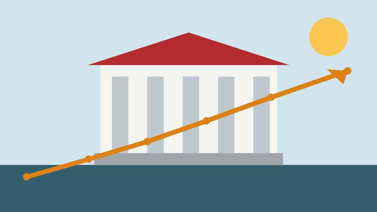 Editorial illustration of a generic central-bank building with columns and a rising orange arrow — no real person, place or incident depicted