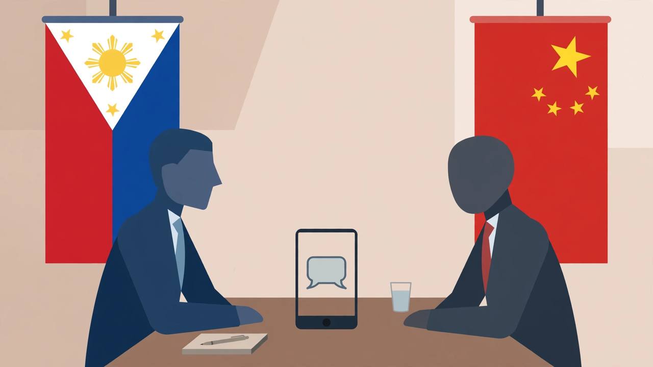 Editorial illustration of two generic diplomats facing each other across a table with a smartphone between them — flat style, no real person depicted