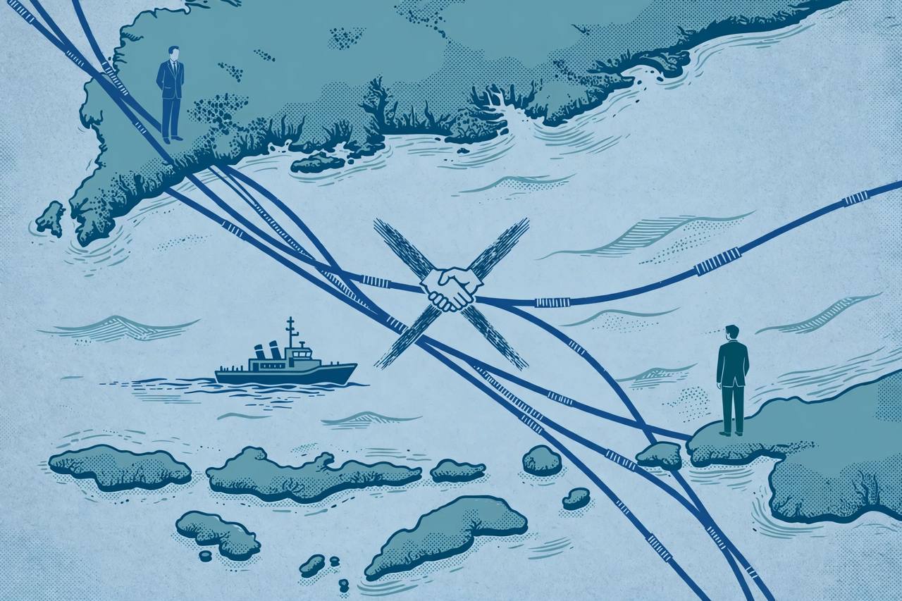 Editorial illustration of undersea cables crossing the Bashi Channel between the Philippines and Taiwan, with a generic coast guard vessel and officials standing apart on opposite shores