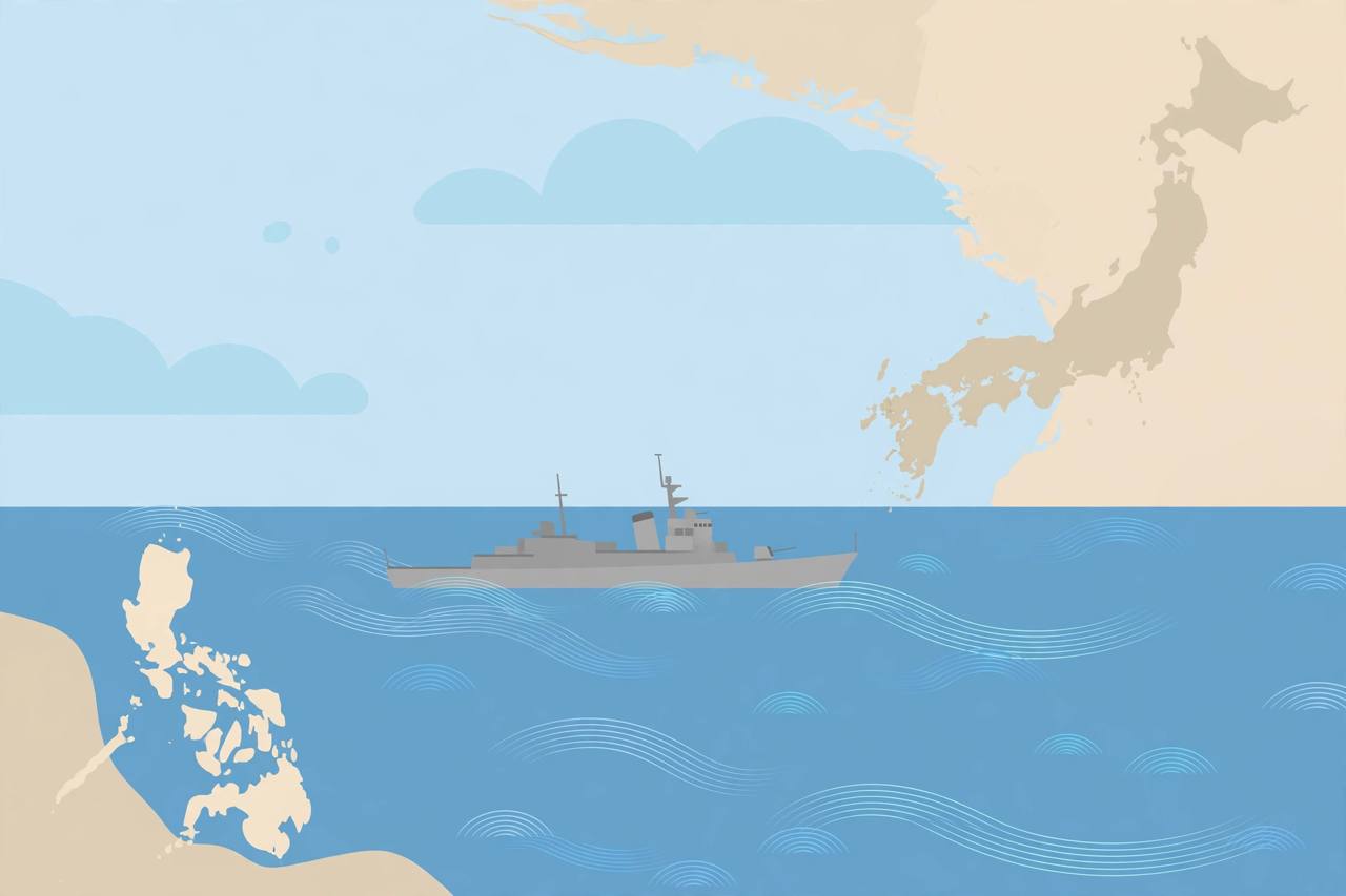 Flat editorial illustration of a generic grey naval destroyer escort ship on blue sea between two abstract coastlines