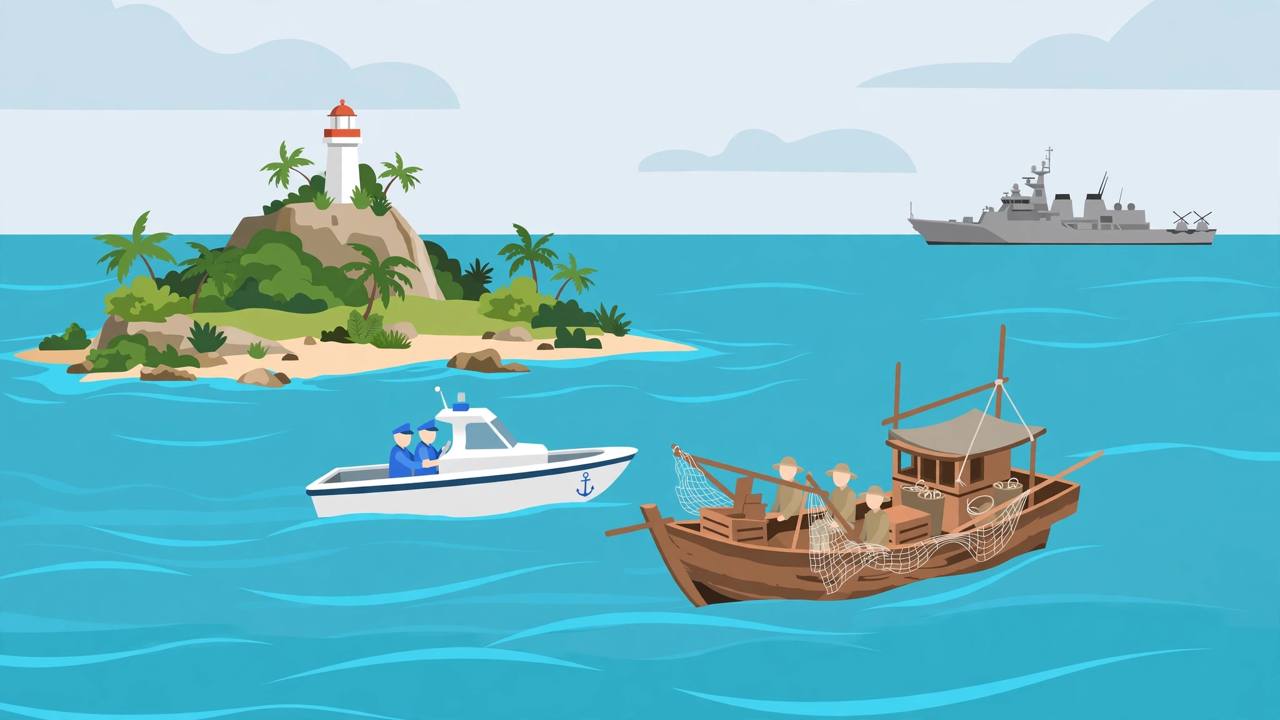 Editorial illustration of a Philippine coast guard speedboat escorting a fishing vessel away from a small island in the South China Sea while a larger grey coast guard ship watches from a distance