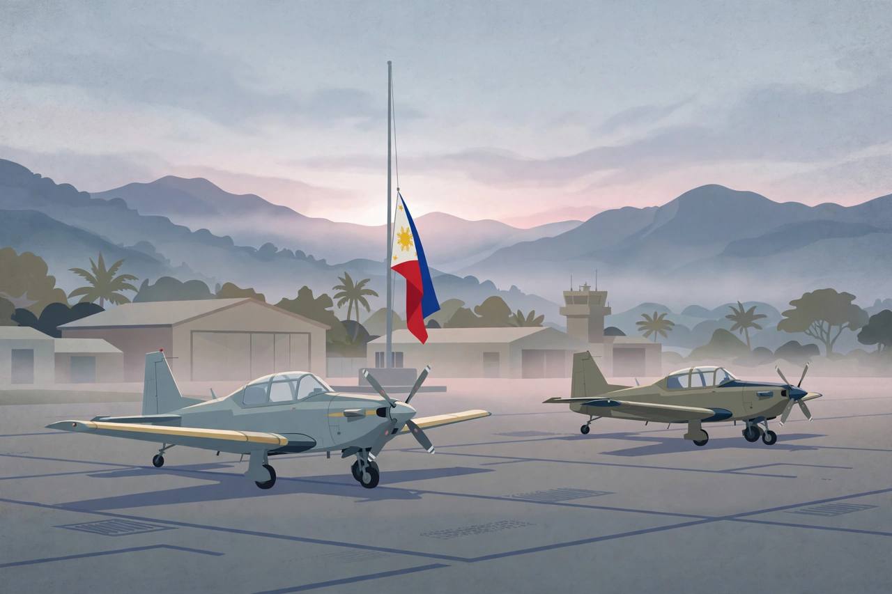 Editorial illustration of two propeller trainer aircraft parked on a Philippine air base apron at dawn with a flag at half-mast, incident not depicted