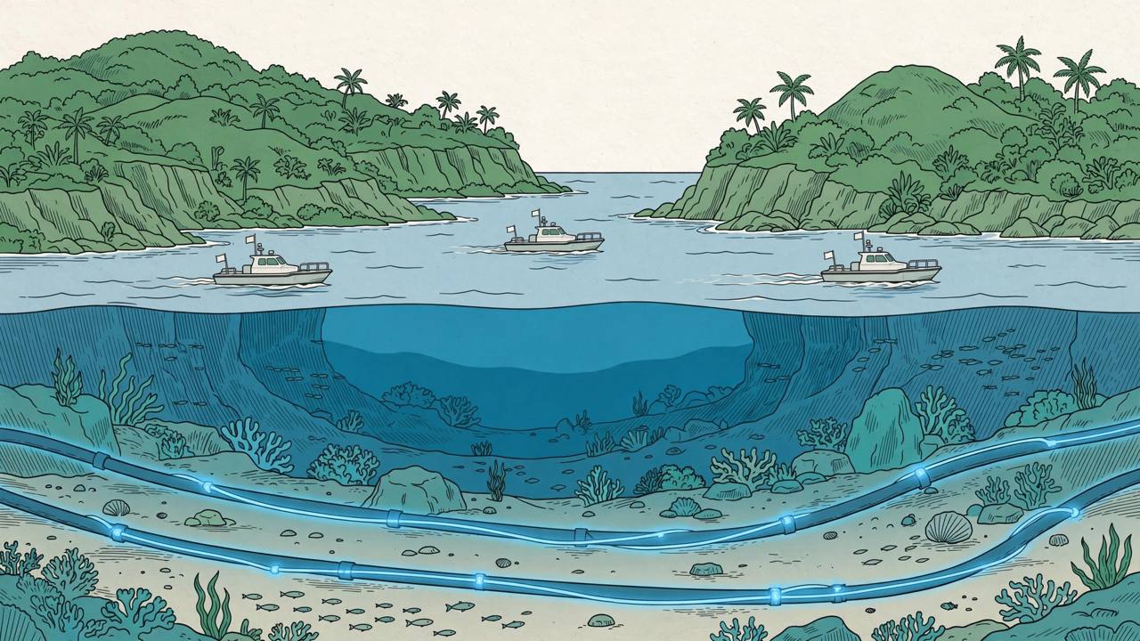 Editorial illustration of undersea data cables in a channel between two islands with generic patrol boats, flat style, no text, no real person depicted