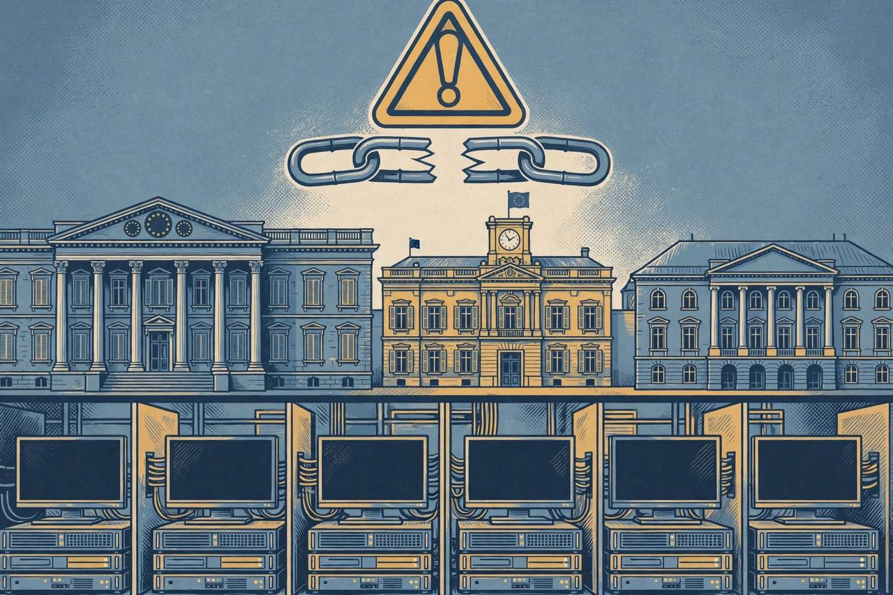 Editorial illustration of European government buildings and dark server screens under a warning triangle, for the PHP2Shell vulnerabilities that forced government websites offline