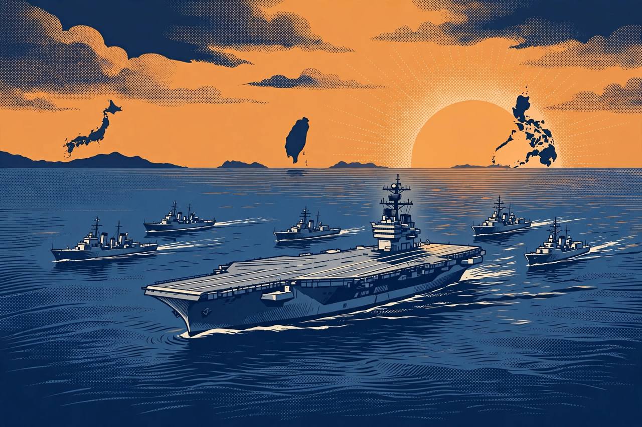 Editorial illustration of an aircraft carrier and naval fleet sailing in formation at dusk in the Philippine Sea