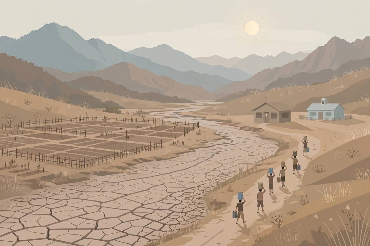 Editorial illustration of a cracked, dried riverbed in a Papua New Guinea highlands valley with empty gardens, a clinic and school, and villagers carrying water containers