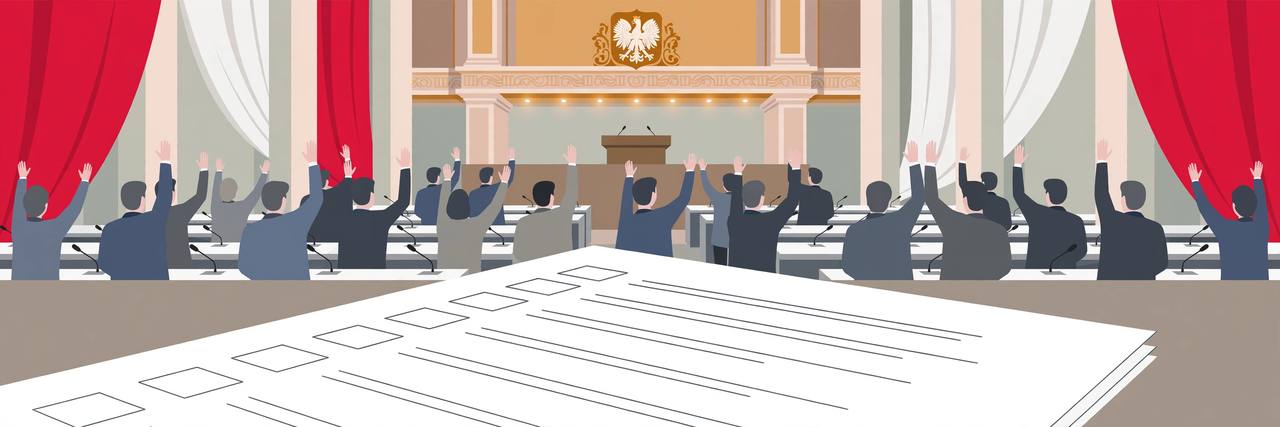 Editorial illustration: inside a parliament chamber, rows of generic lawmakers raising hands to vote with a large ballot paper in the foreground, no real person's likeness