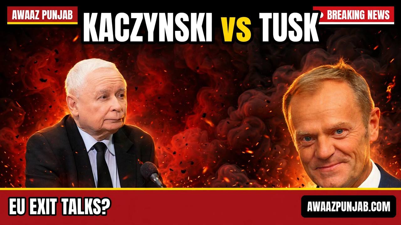 Branded Awaaz Punjab thumbnail with real cut-out photos of Polish opposition leader Jaroslaw Kaczynski and Prime Minister Donald Tusk facing off over EU exit talks