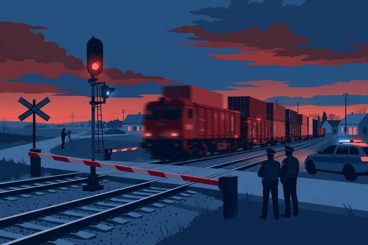 Editorial illustration of a railway crossing in Poland at dusk with a passing train, a figure with a camera and police officers