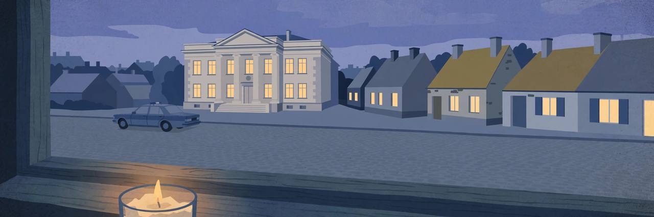 Editorial illustration of a quiet eastern Polish town street at dusk with a courthouse and a lit candle on a windowsill, flat style, no incident and no real person depicted