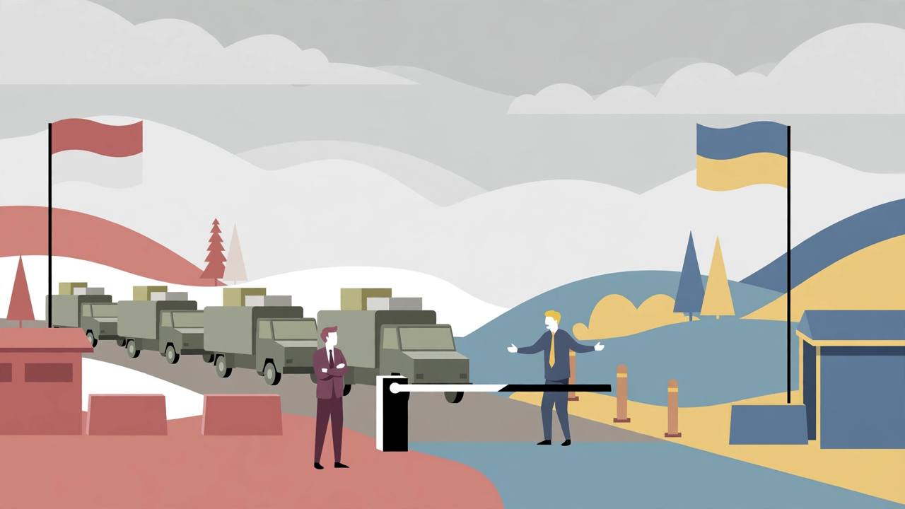 Editorial illustration of a military aid convoy halted at a lowered border barrier, with two generic officials standing apart in disagreement
