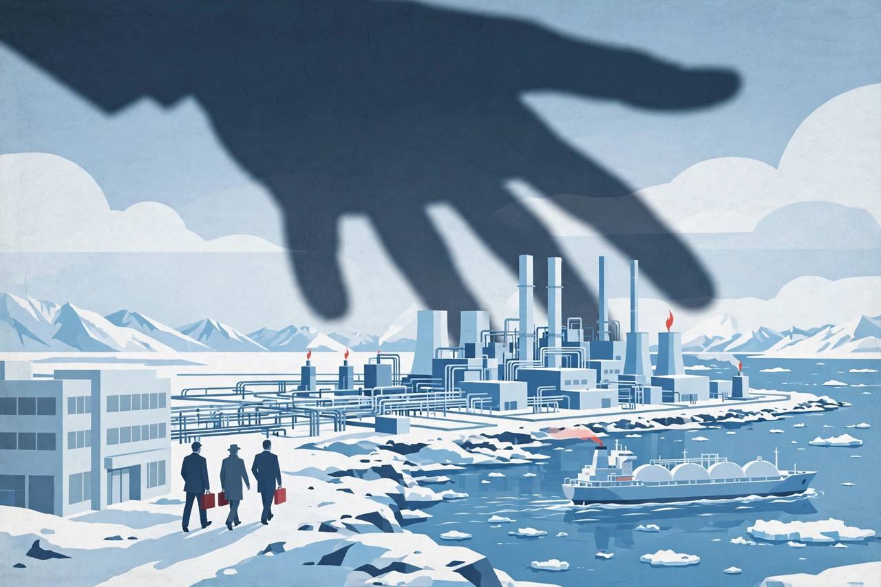 Editorial illustration of an Arctic Alaska LNG plant, pipelines and a gas carrier in icy water
