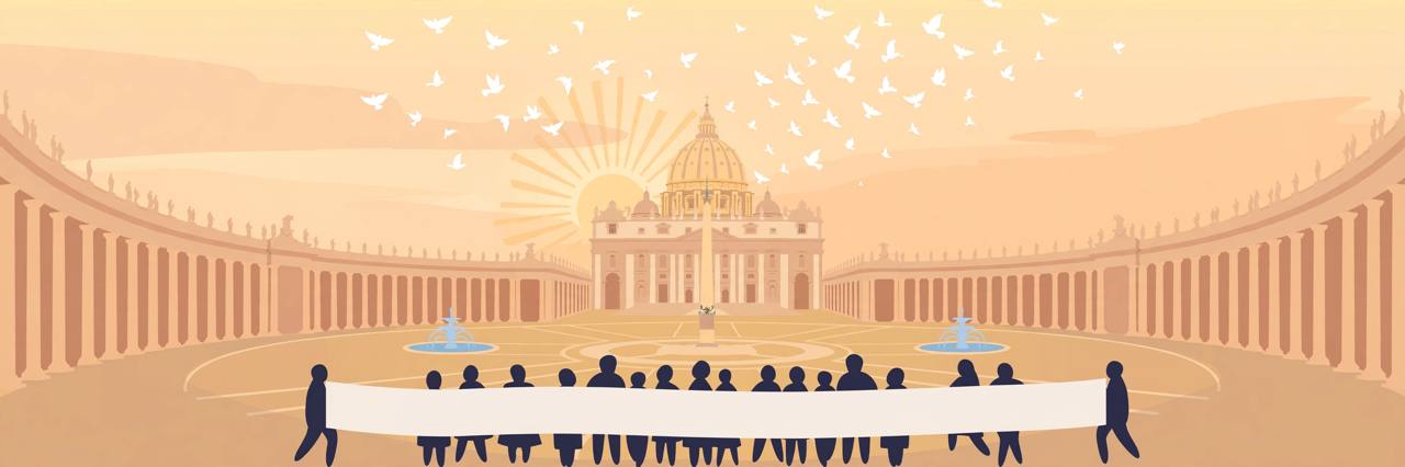Editorial illustration of St Peter's Square with generic pilgrims and white doves above the basilica dome