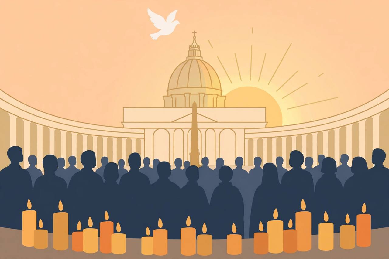 Editorial illustration of St Peter's dome over a generic crowd in a large square in Rome, a white dove above and candles in the foreground — flat style, no real person depicted