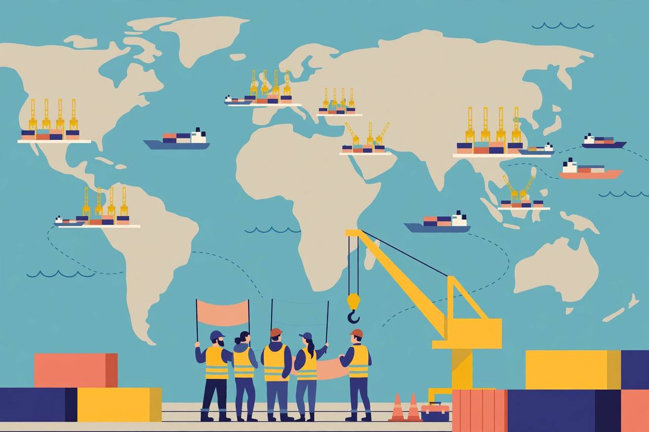 Editorial illustration of a world map with container ports, cargo ships and generic dockworkers in hi-vis vests at a peaceful work stoppage beside a lowered crane, no text