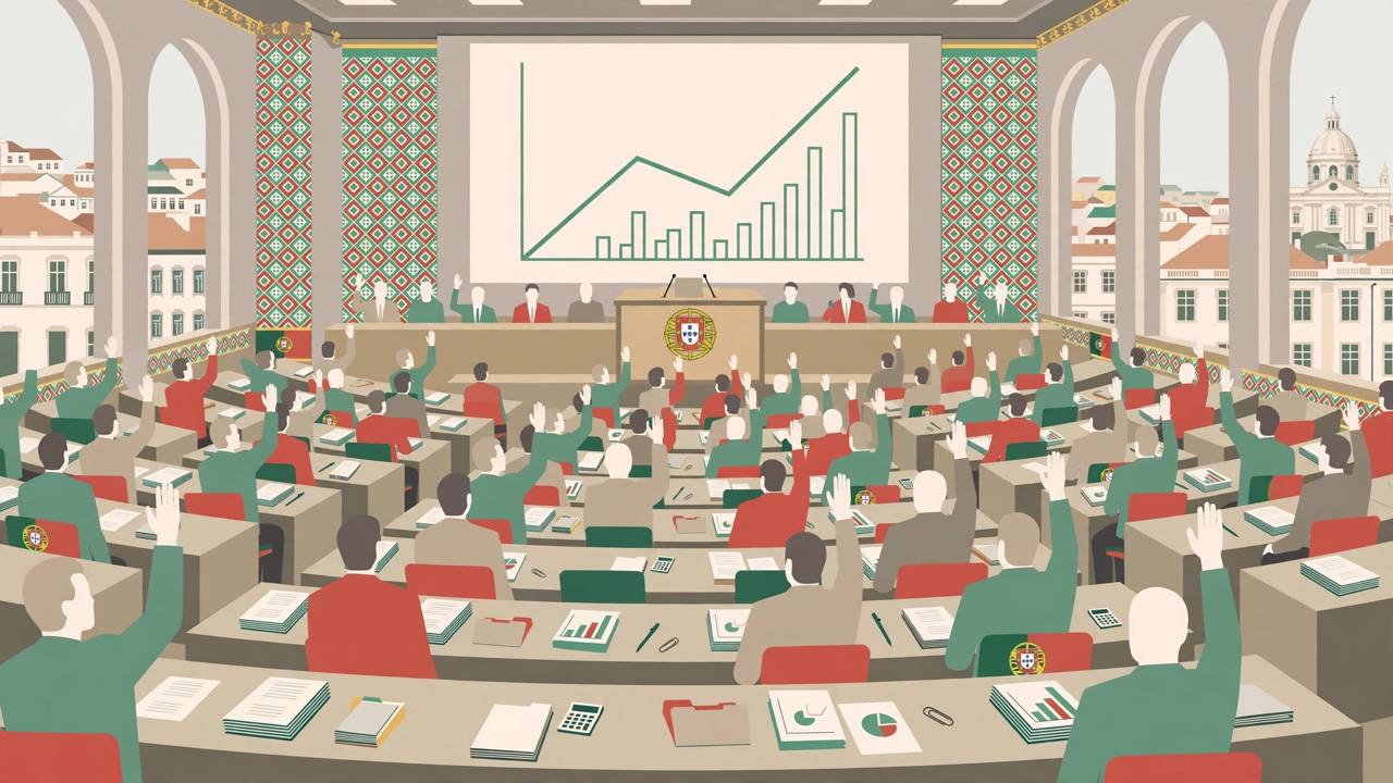 Editorial illustration of a parliament chamber with generic lawmakers voting on a budget