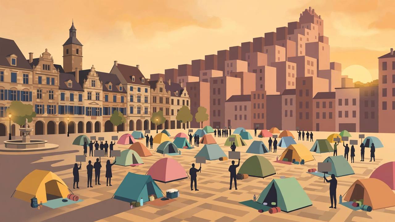 Editorial illustration of a protest tent camp in a historic European city square, with demonstrators holding blank placards