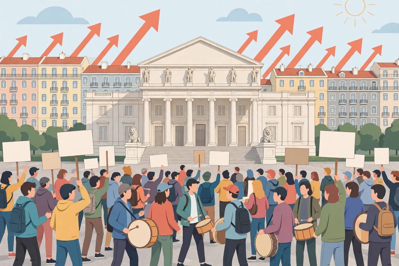 Crowd of generic young protesters outside a parliament building in Lisbon (Editorial illustration)