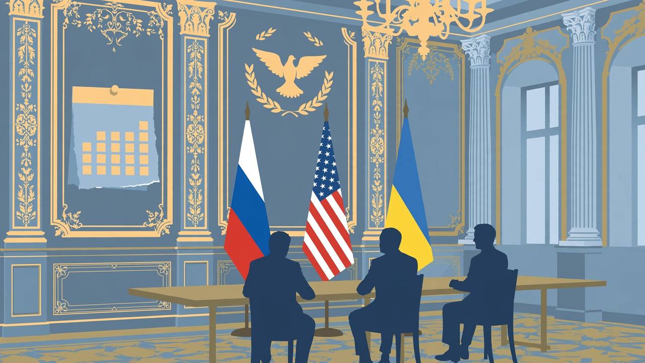 Editorial illustration of generic diplomats at a long palace table with Russian, US and Ukrainian flags, for the story on Putin agreeing in principle to resume trilateral peace talks in November