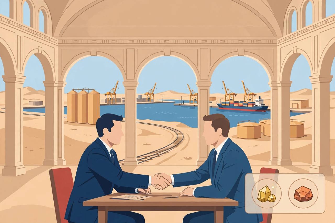 Two leaders at a Kremlin meeting table with a Red Sea port in the background. (Editorial illustration)