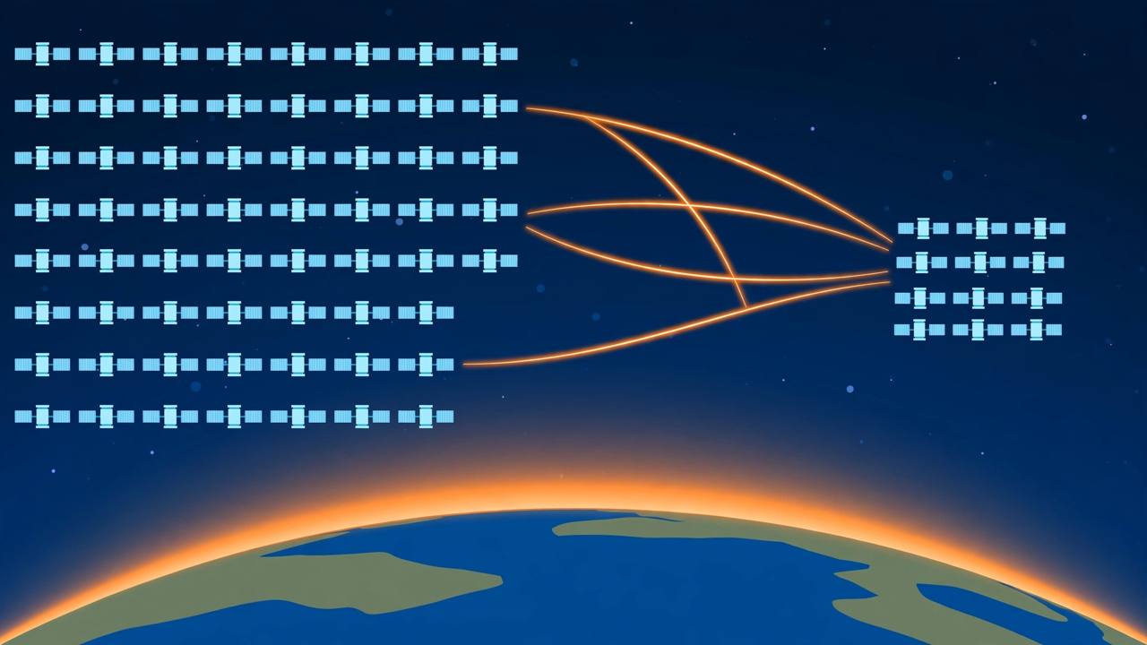 Flat editorial illustration of a large satellite constellation and a small new satellite cluster above Earth at dawn, linked by signal arcs