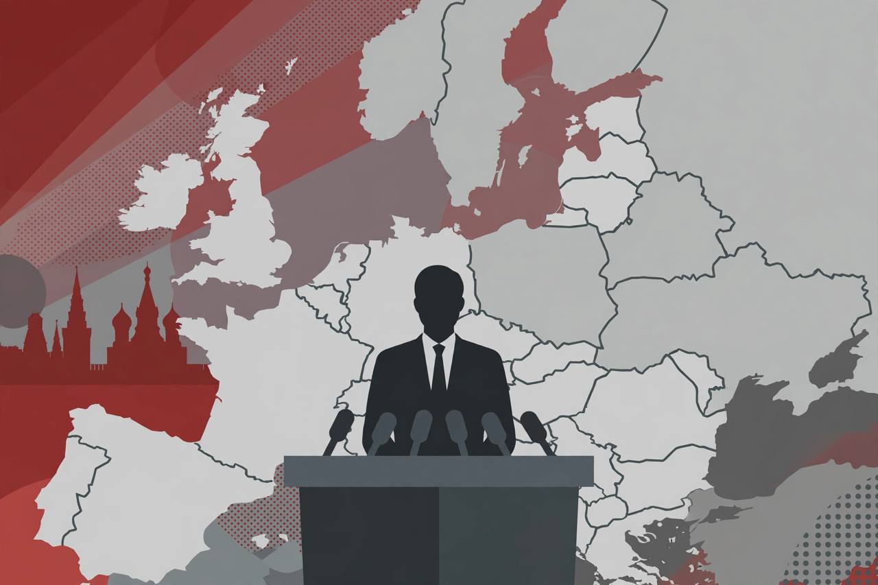 Editorial illustration of a generic leader at a press conference podium in Moscow with a map of Europe and the Baltic coastline behind him