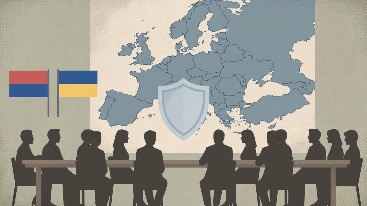 Editorial illustration of generic silhouetted diplomats at a negotiation table with a stylised map of Europe and a shield symbol — no real person depicted