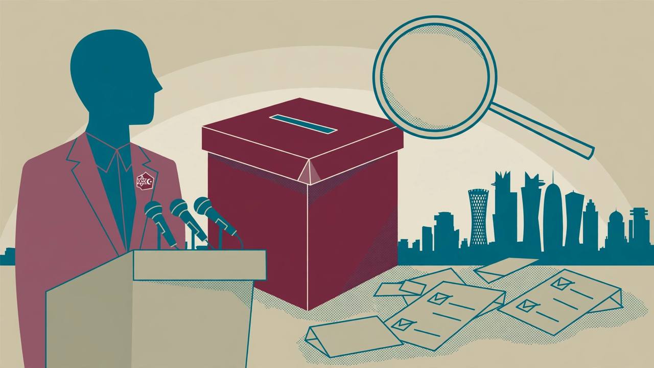 Editorial illustration of a foreign-ministry spokesperson at a podium beside a ballot box under a magnifying glass, with a Gulf skyline behind