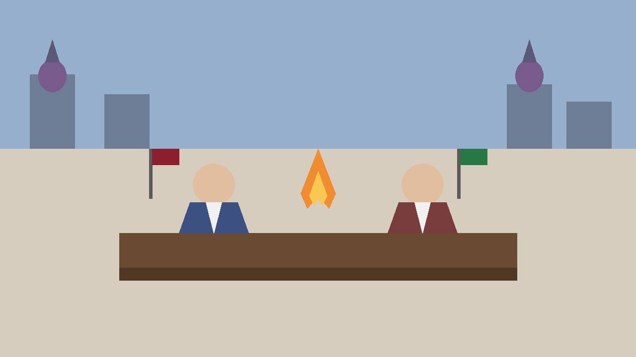Two leaders meet at a conference table beneath a gas-flame motif, with a Moscow-style skyline behind (editorial illustration)