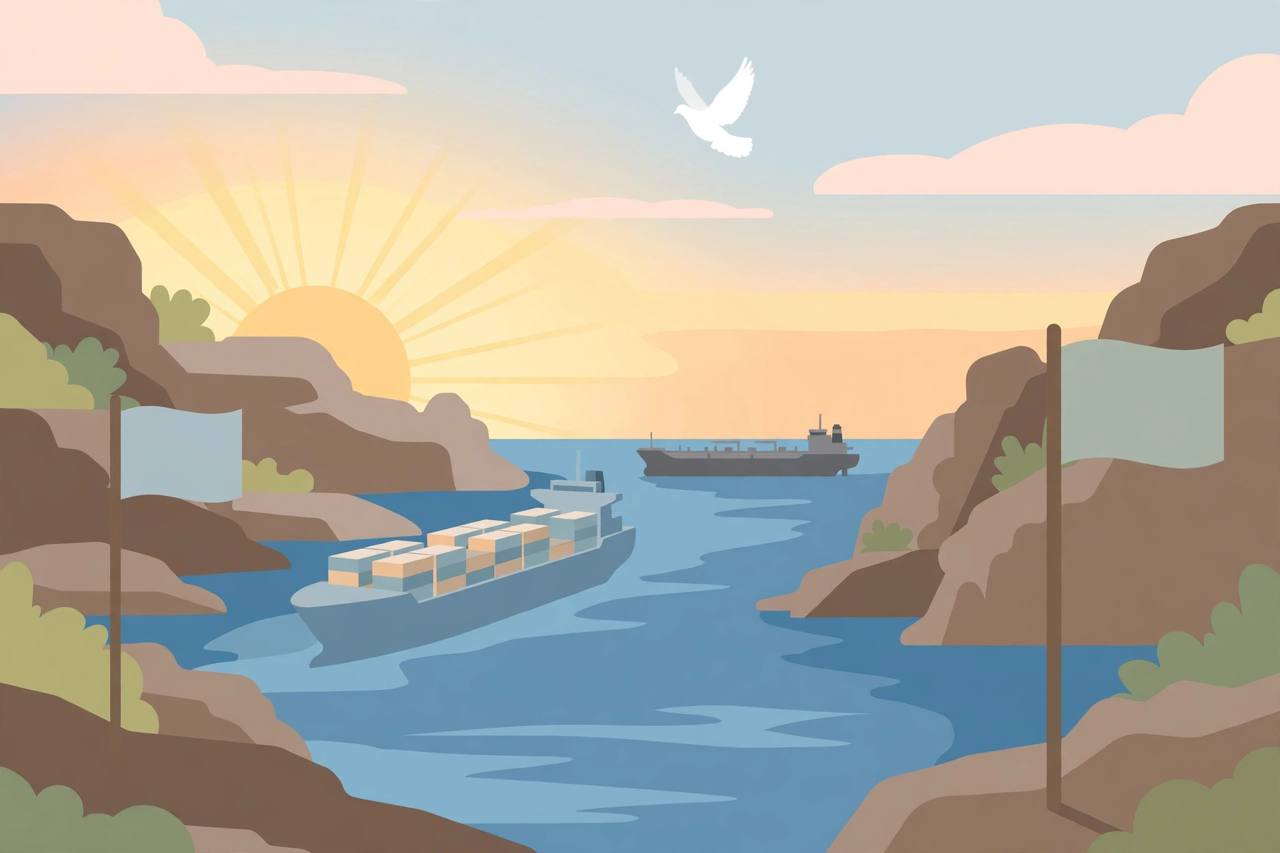Editorial illustration of a cargo ship and oil tanker passing freely through a narrow strait at sunrise with a dove above, flat style, no text, no real person depicted