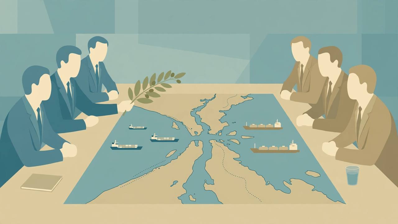 Editorial illustration of generic diplomats at a table beside a map of the Strait of Hormuz with cargo ships