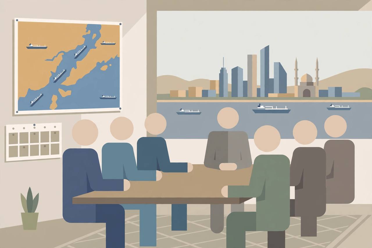 Editorial illustration of generic mediators at a negotiation table with a Strait of Hormuz map, oil tankers, a Gulf skyline and a seven-day calendar