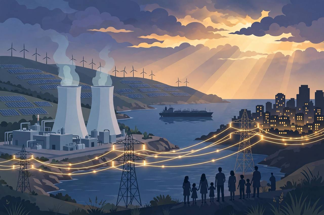 Editorial illustration of two gas power plants on the Lebanese coast with an LNG tanker, solar panels and wind turbines, no real person's likeness