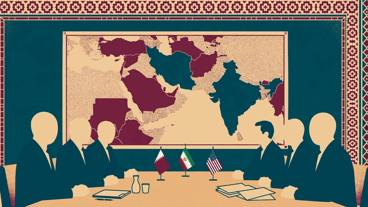 Editorial illustration of generic diplomats seated at a negotiation table with small generic flags of Qatar, Iran and the United States, in front of a wall map of the Middle East and the Strait of Hormuz