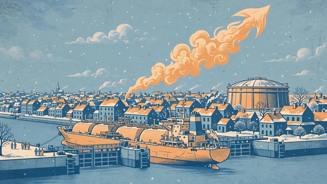 Editorial illustration of an LNG tanker held at a closed strait, European rooftops and a gas storage tank in winter, with a cloud shaped like a rising gas flame (Editorial illustration)