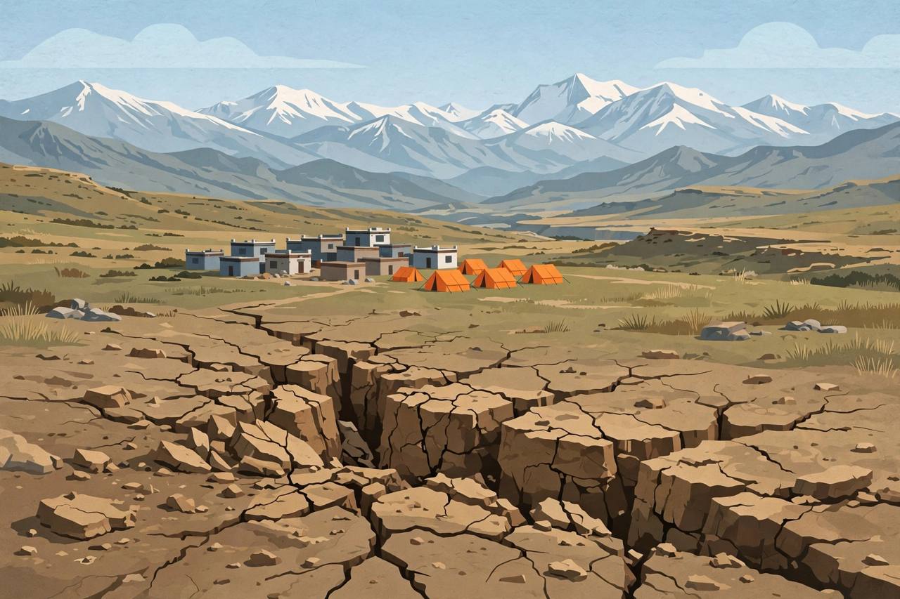 Editorial illustration of a cracked Tibetan Plateau landscape in Qinghai with small plateau houses, snow-capped mountains and orange rescue tents nearby