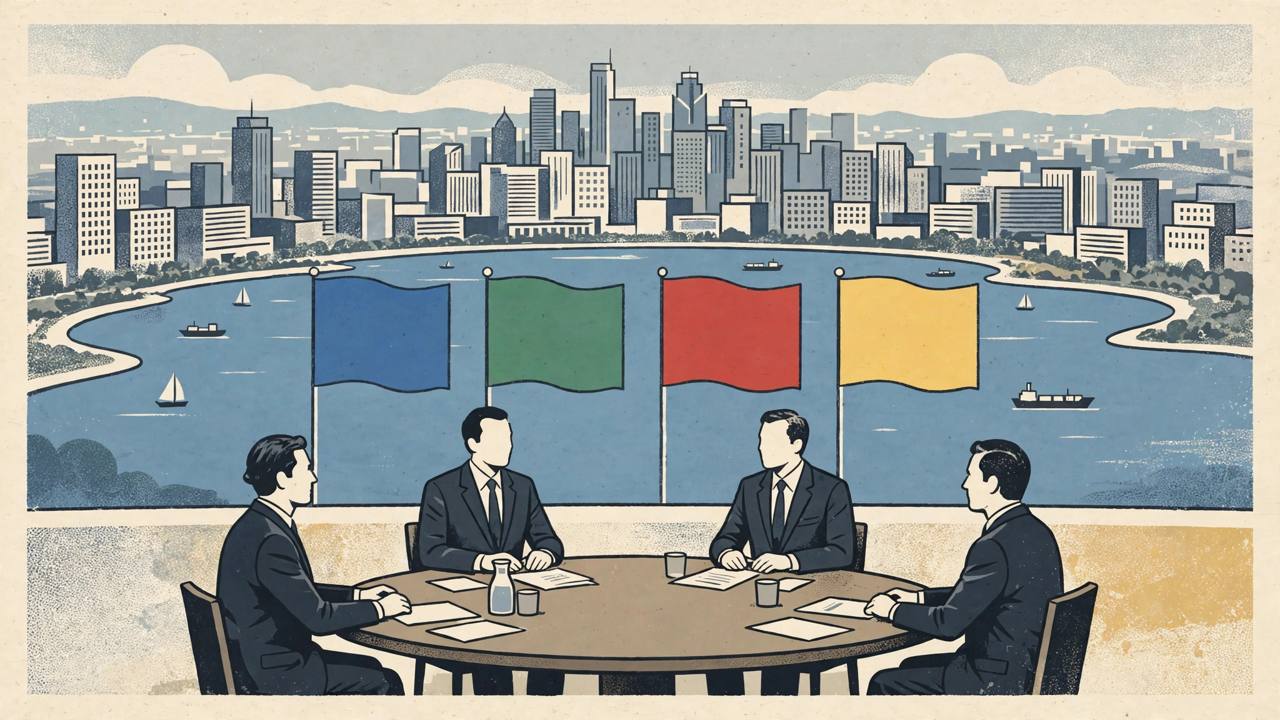 Editorial illustration of four generic diplomats at a round summit table overlooking a bay city skyline, no real person depicted