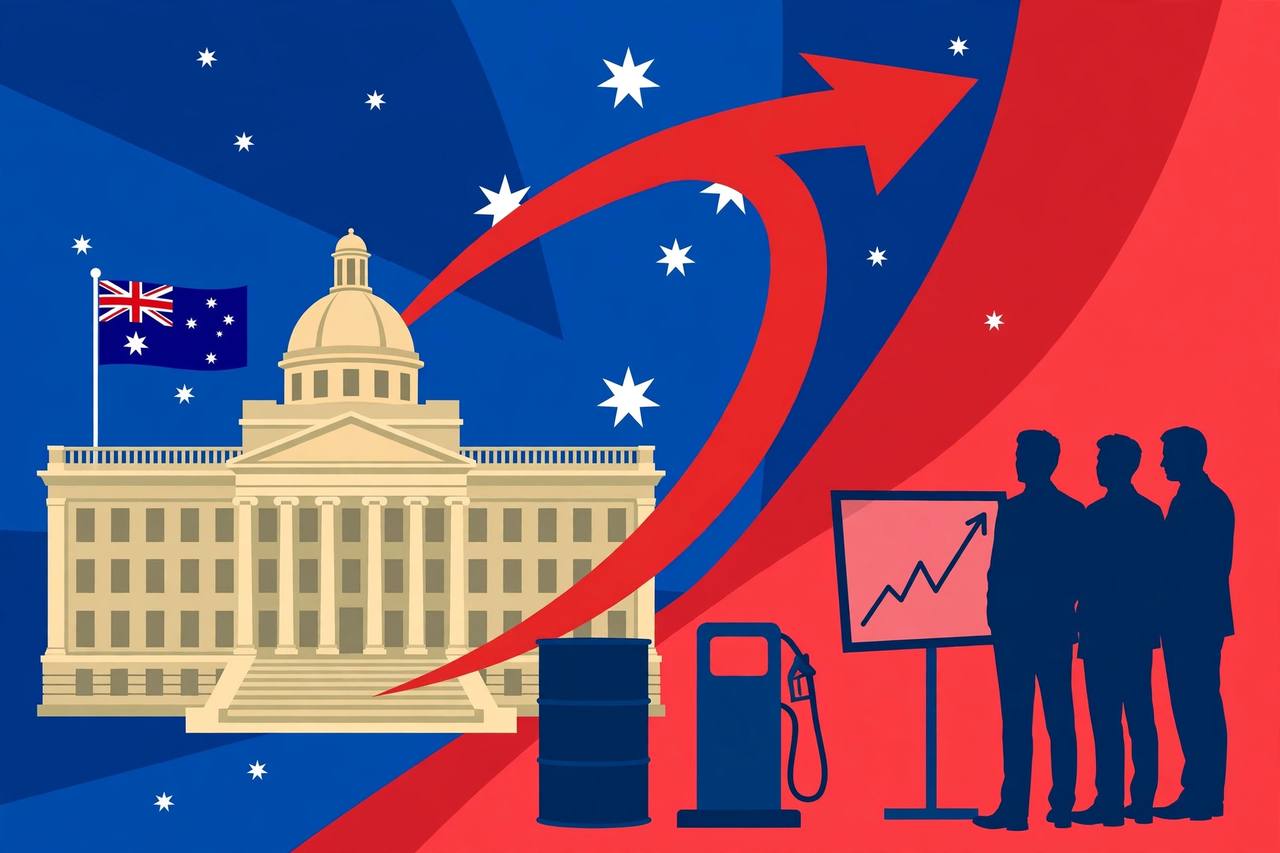 Editorial illustration: a central bank building with a rising red inflation arrow, an oil barrel and fuel pump, and generic figures looking at a rising prices chart, no real person's likeness