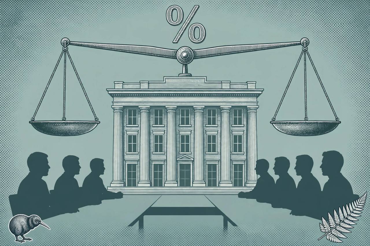 Central bank building under a balance scale with a divided committee (editorial illustration)