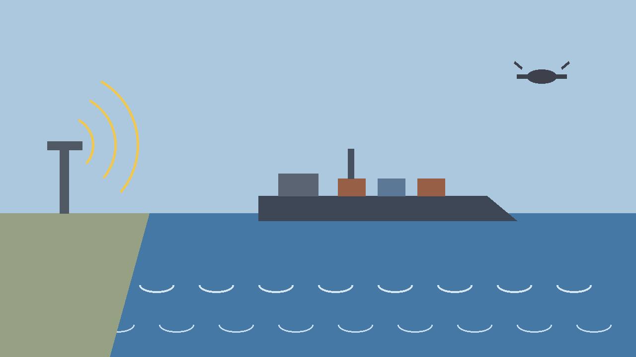 Editorial illustration of a generic cargo ship at sea with a coastal radar tower and a generic drone silhouette — no real person, place or incident depicted