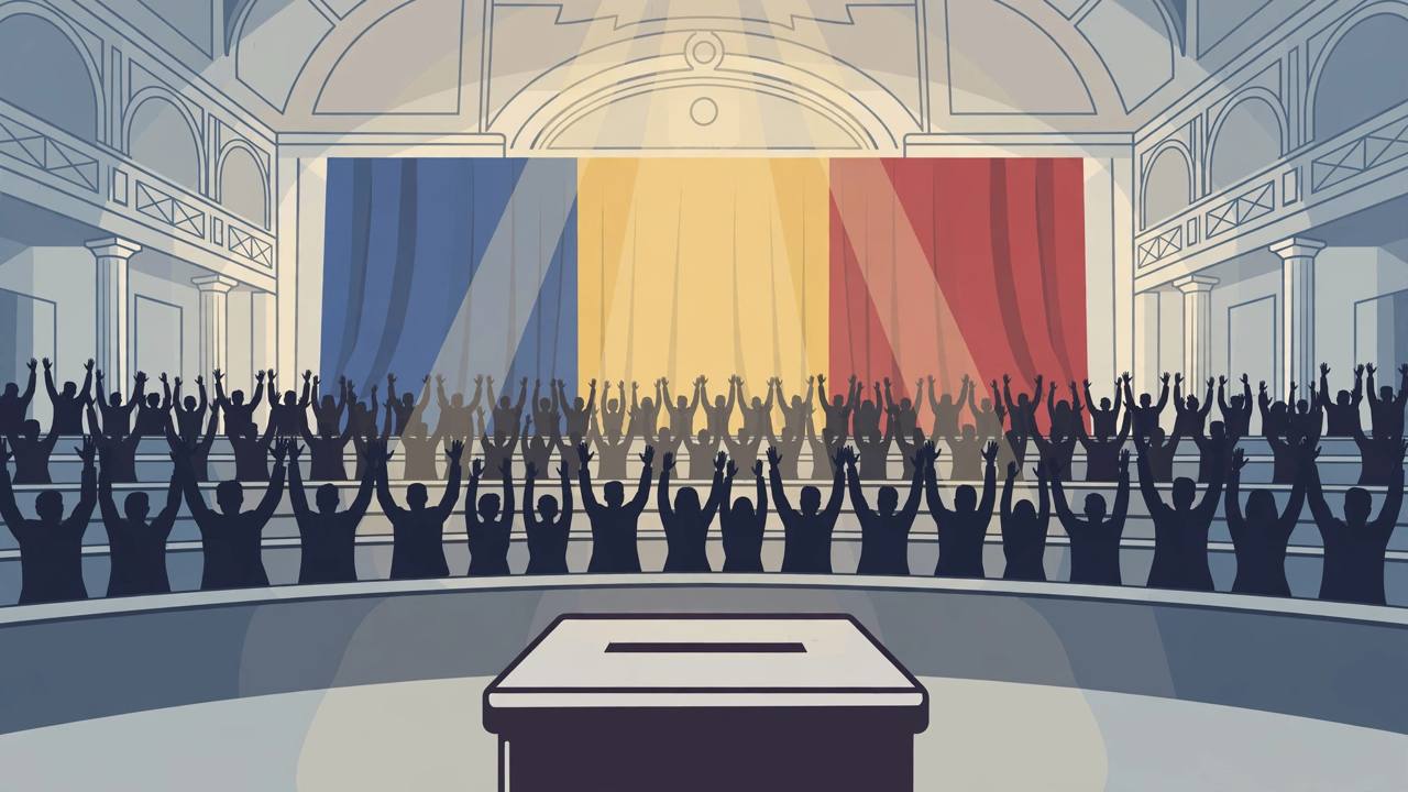 Editorial illustration of a parliamentary vote in a grand assembly hall