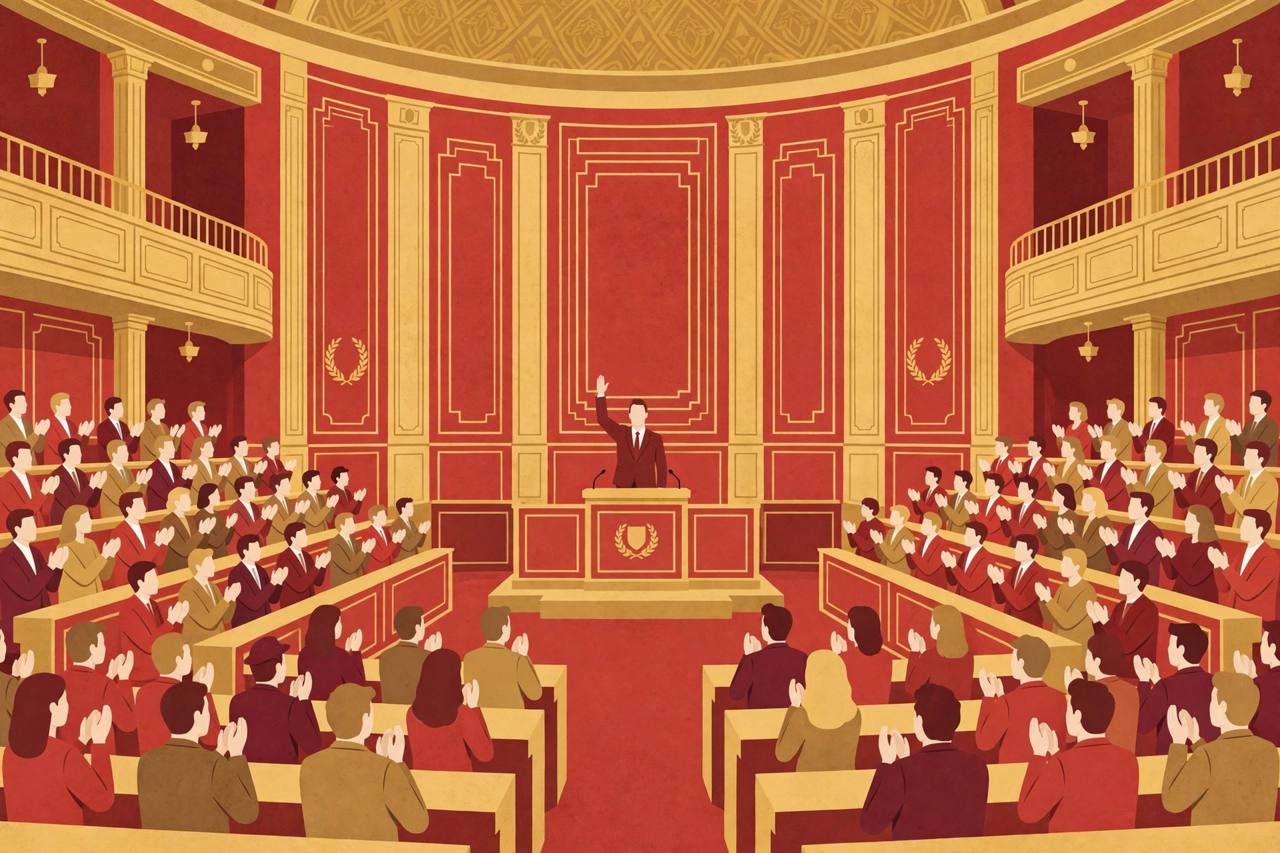 Editorial illustration of a generic figure taking an oath at a podium in a large parliament chamber while generic seated lawmakers applaud